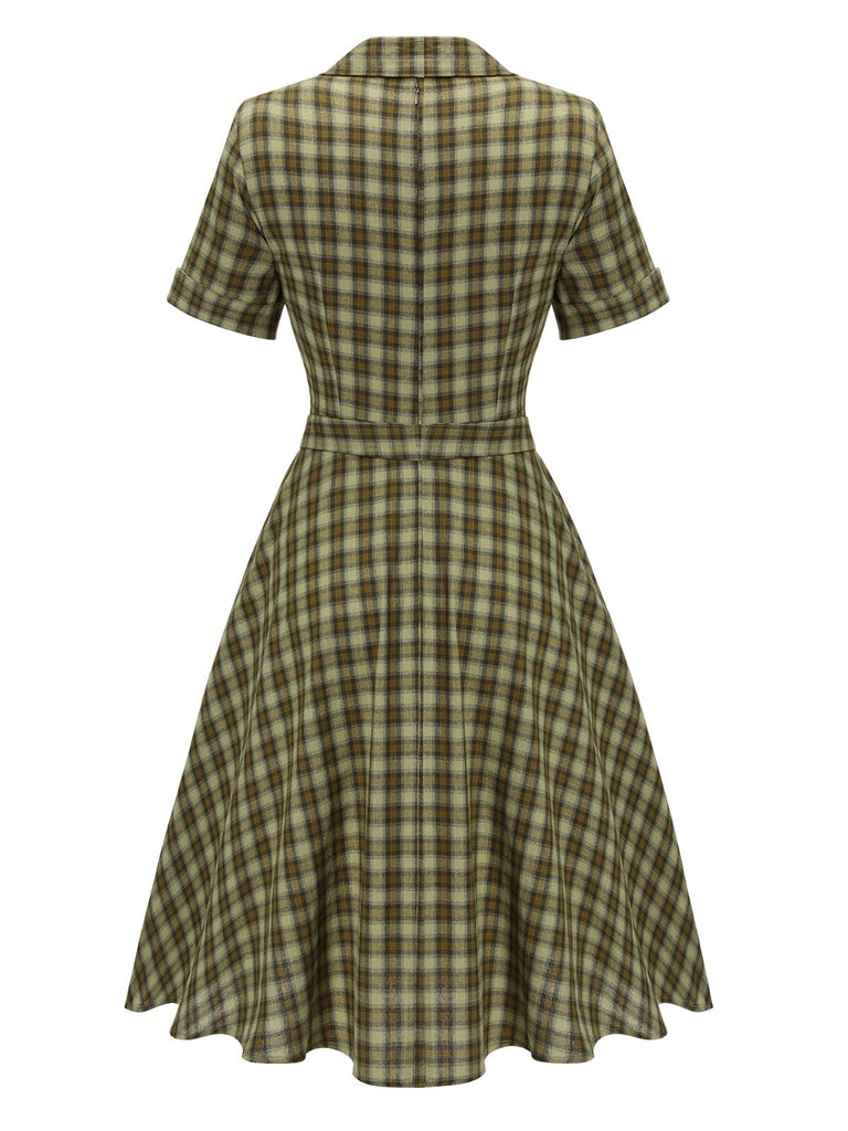 Robe Swing Verte Jaune Année 50 Boutonnée avec Ceinture