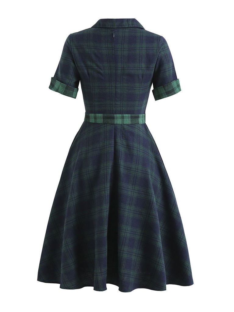 Robe Swing Verte Jaune Année 50 Boutonnée avec Ceinture