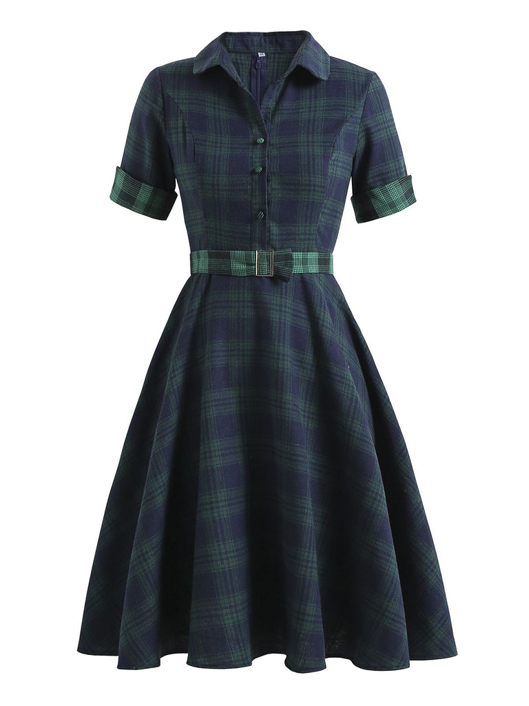 Robe Swing Verte Jaune Année 50 Boutonnée avec Ceinture