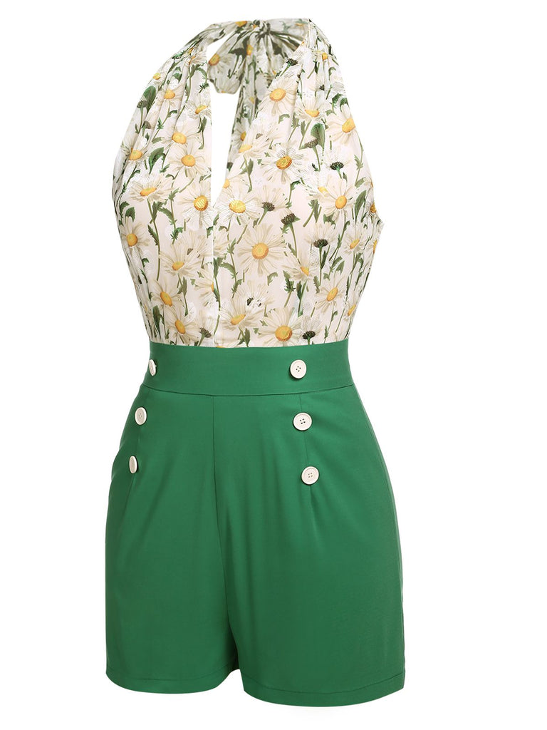 Combishort vintage à lacets et col licou à fleurs des années 1950
