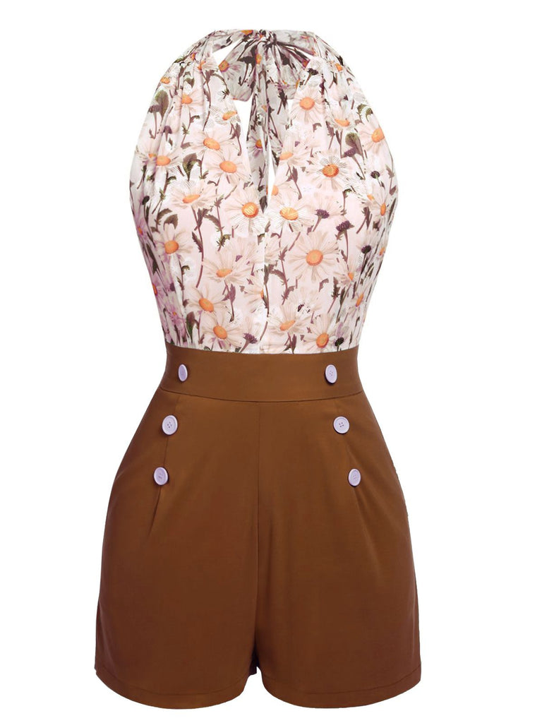 Combishort vintage à lacets et col licou à fleurs des années 1950