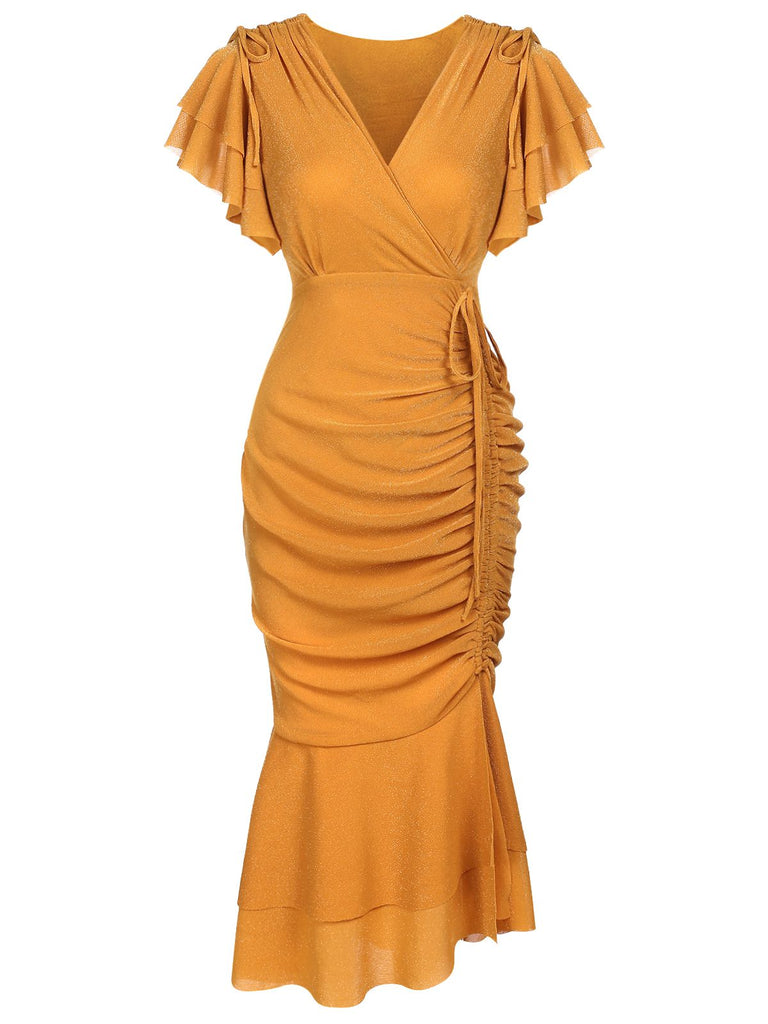 Robe de Crayon Vintage Année 60 à Col V Volants Soirée Cocktail Chic 3