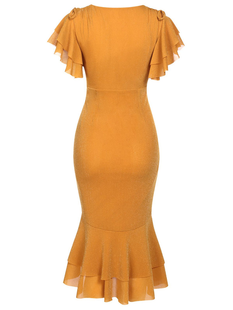 Robe de Crayon Vintage Année 60 à Col V Volants Soirée Cocktail Chic 5