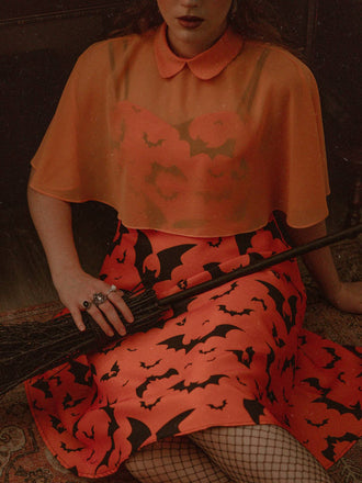 Robe Swing Années 50 avec Cape Chauve-Souris Orange Halloween