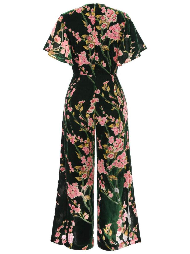 Combinaison Vintage en Velours Vert fleurs des Années 1950
