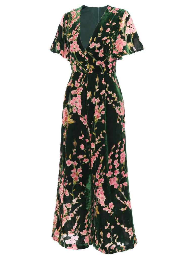 Combinaison Vintage en Velours Vert fleurs des Années 1950