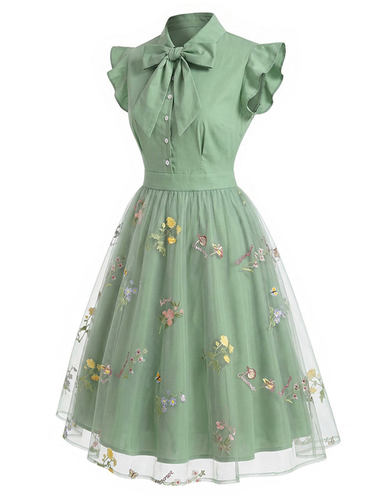 Robe vintage verte à patchwork floral années 1950