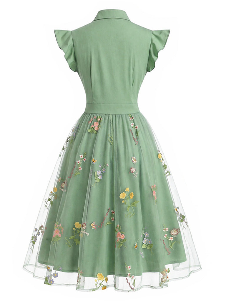 Robe vintage verte à patchwork floral années 1950
