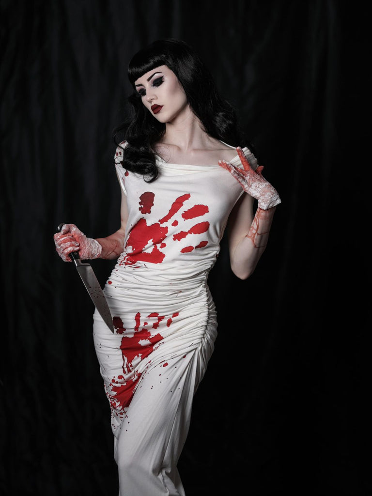 Robe crayon blanche d'Halloween des années 1960