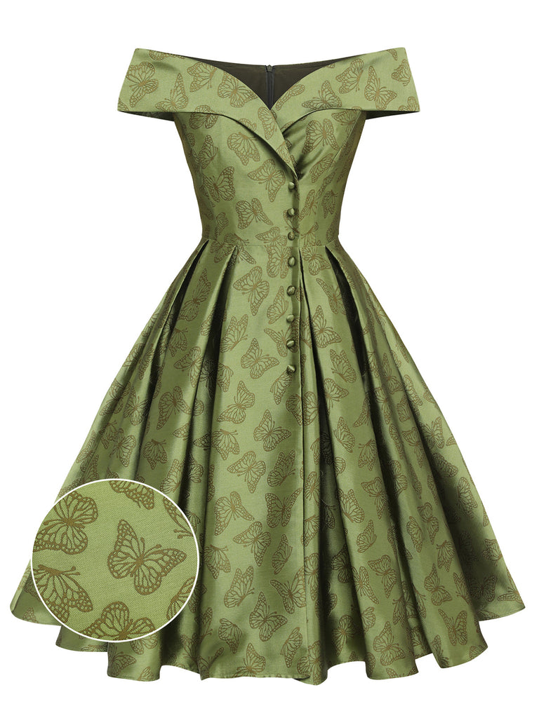 Robe trapèze verte à épaules dénudées et revers des années 1950 2