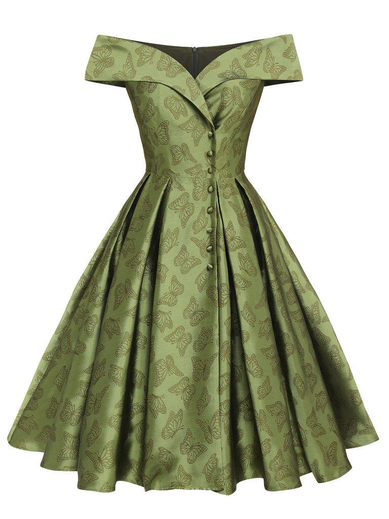 Robe trapèze verte à épaules dénudées et revers des années 1950 3