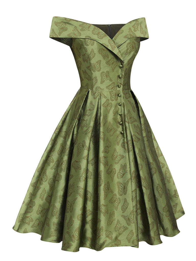 Robe trapèze verte à épaules dénudées et revers des années 1950 4