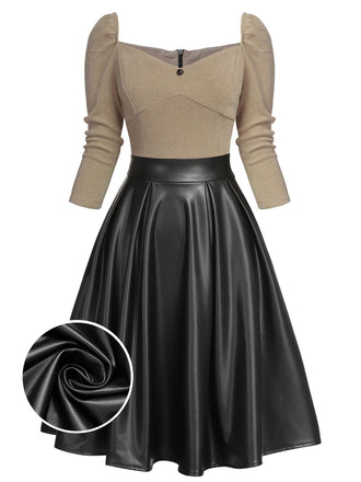 Robe patchwork en cuir tricoté kaki des années 1950 Cocktail Chic