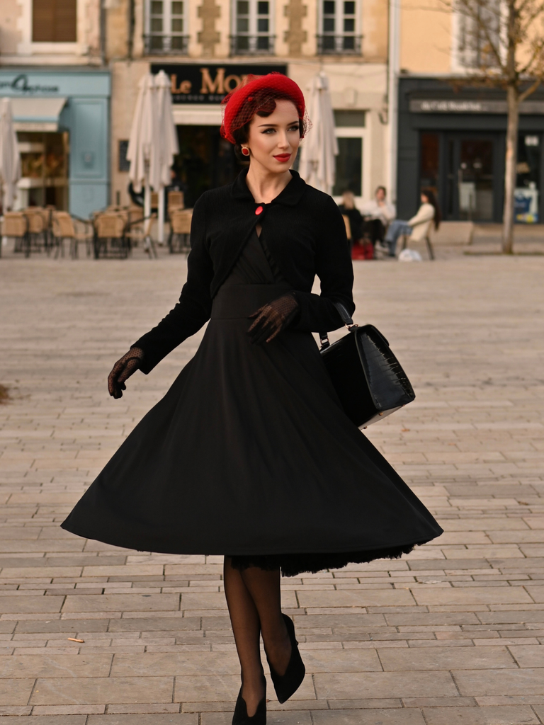 Robe Noir Vintage Année 50 Vintage Demi-manches Col V Cocktail