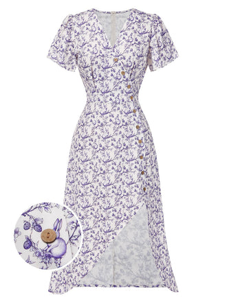 Robe violette col V et boutons motif lapin et fleurs années 40