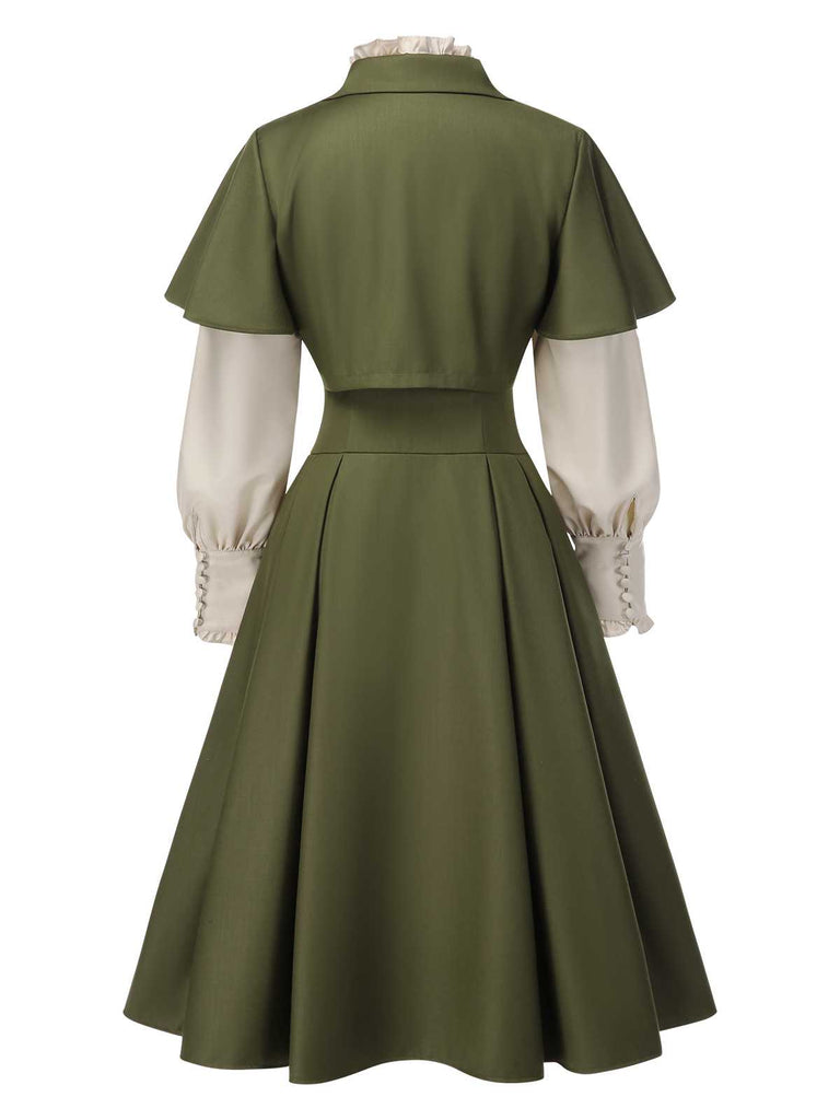 2PCS robe vertes victoriennes col jabot et nœud et cape courte années 1950