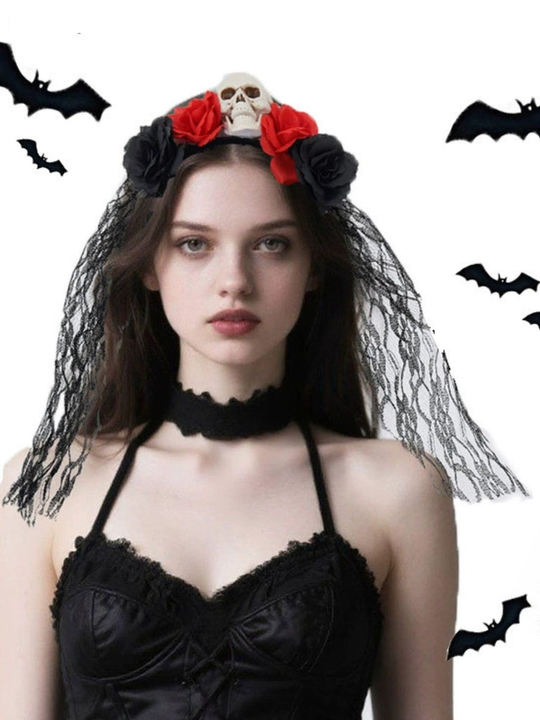 Bandeau en voile de dentelle vintage avec tête de mort et roses en 3D