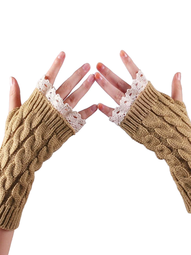 Gants sans doigts en tricot torsadé patchwork de dentelle vintage