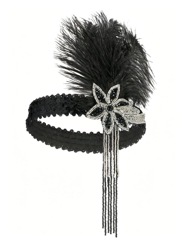 Coiffe plumes sequins et perles Gatsby années 1920