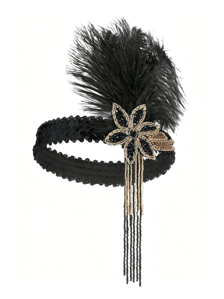 Coiffe plumes sequins et perles Gatsby années 1920