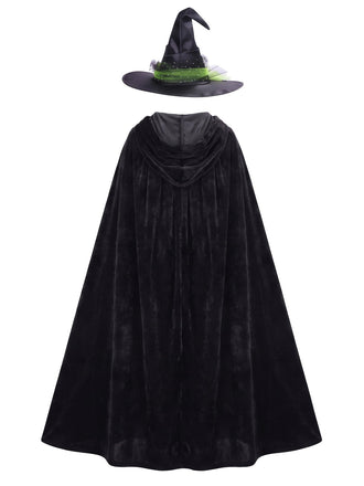 Cape noire de sorcière en velours à capuche avec chapeau pour Halloween Années 1980 - 2