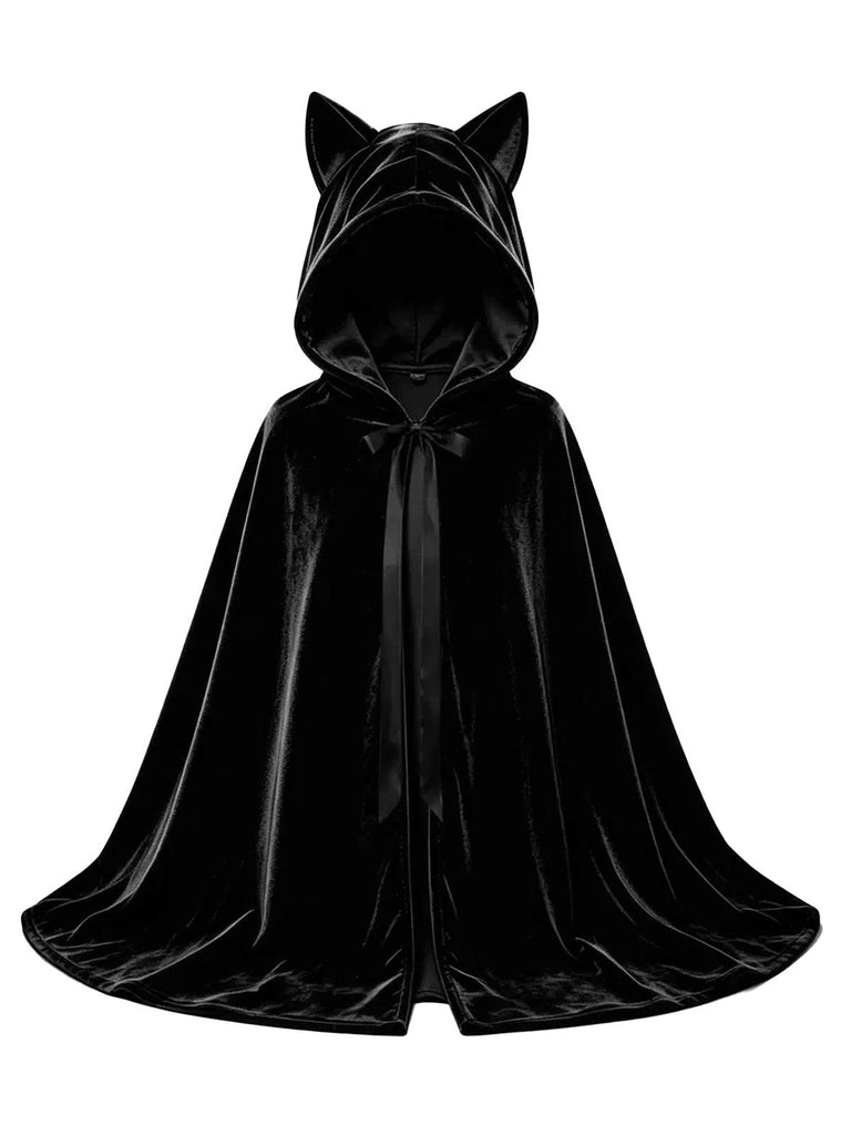 Cape gothique noire d’Halloween en peluche à capuche et oreilles de chat Années 1930 - 1