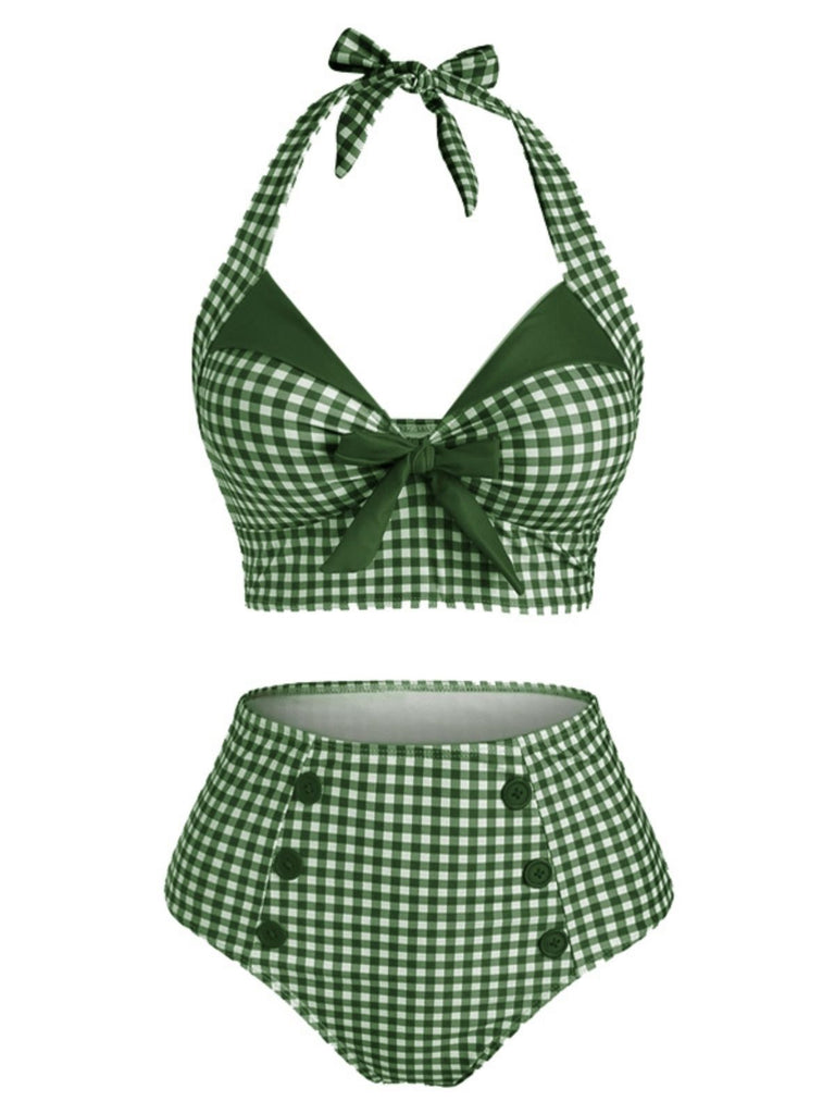 Maillot de Bain à Col Licou Verte à Carreaux des années 1950
