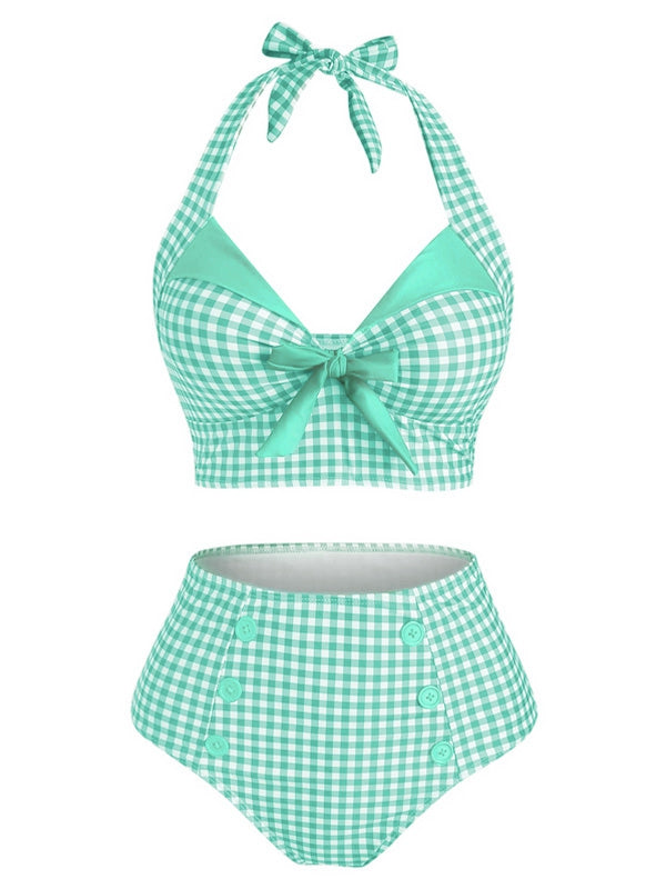 [Prévente] Maillot de Bain à Col Licou Verte Clair à Carreaux des années 1950