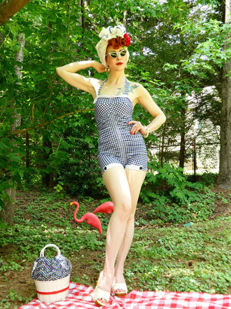 Maillot de Bain Une Pièce à Carreaux et Nœud Papillon