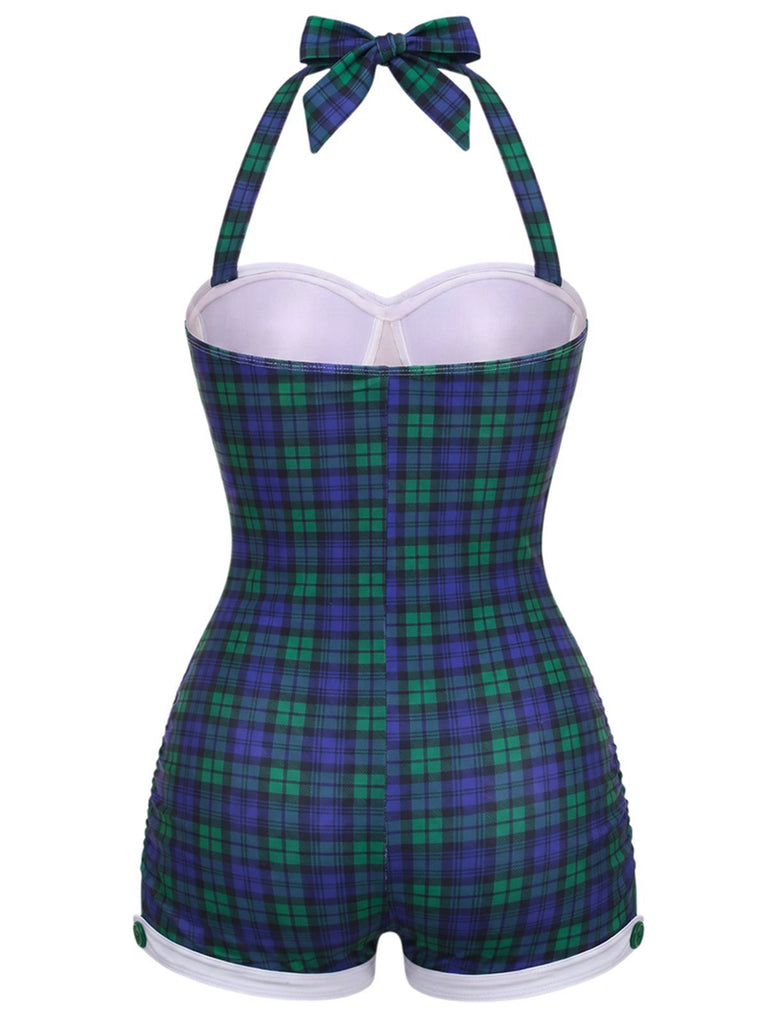 Maillot de bain une pièce Bleu et vert carreaux vichy dos nu et nœud papillon années 1950