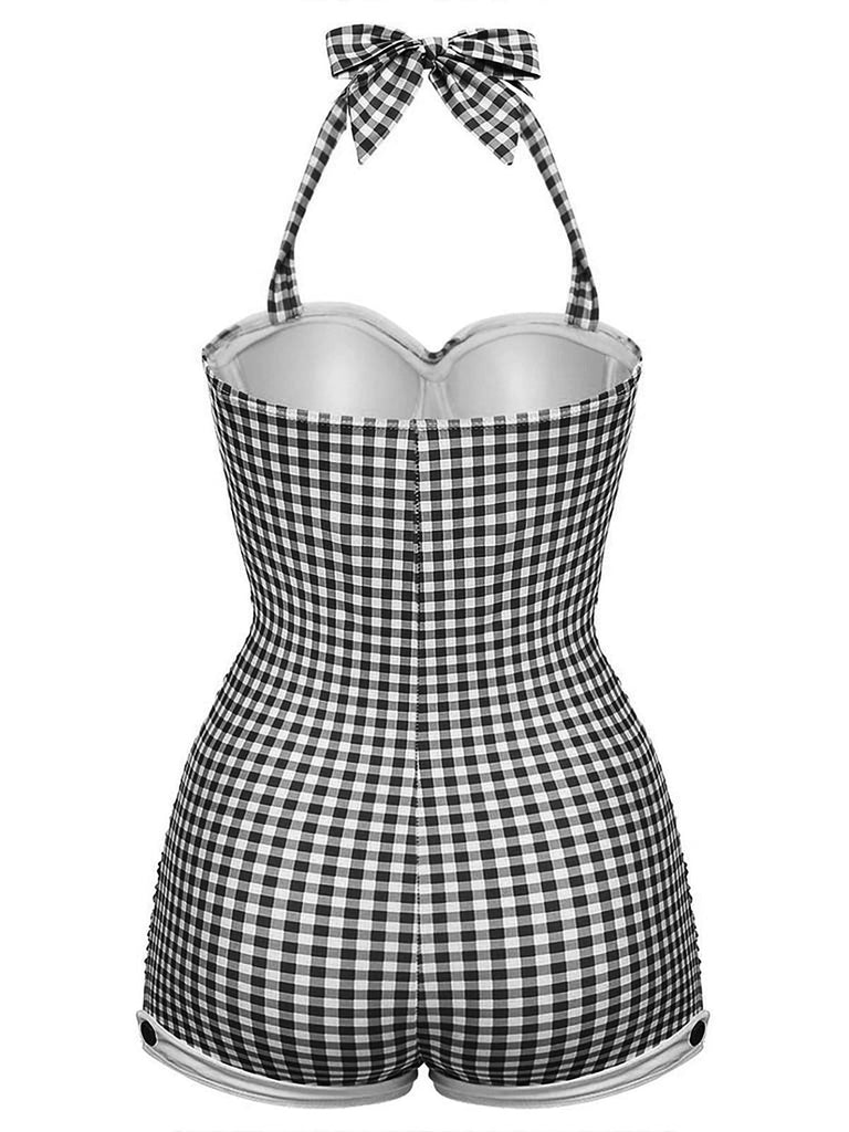Maillot de Bain Une Pièce à Carreaux Noir et Nœud Papillon