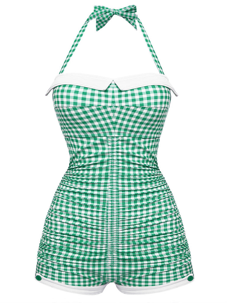 Maillot de Bain une Pièce à Carreaux et Nœud Papillon Vert Clair