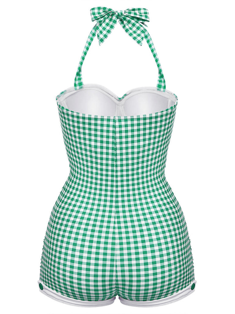 Maillot de Bain une Pièce à Carreaux et Nœud Papillon Vert Clair