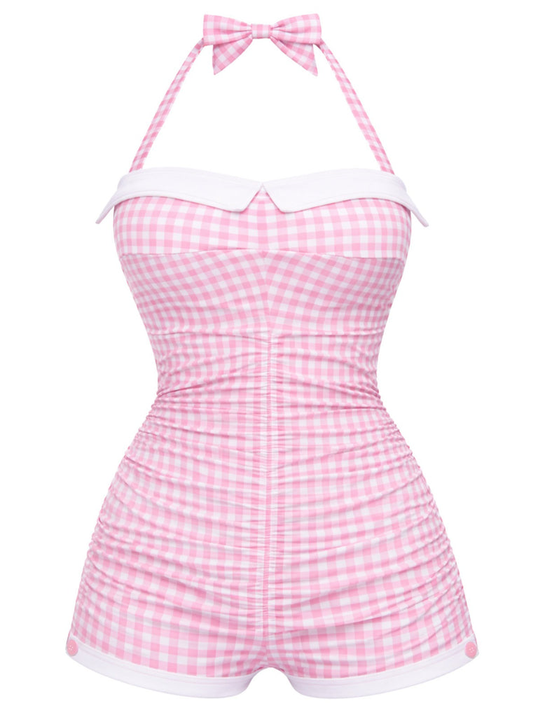 Maillot de bain une pièce rose halter nœud papillon années 1950