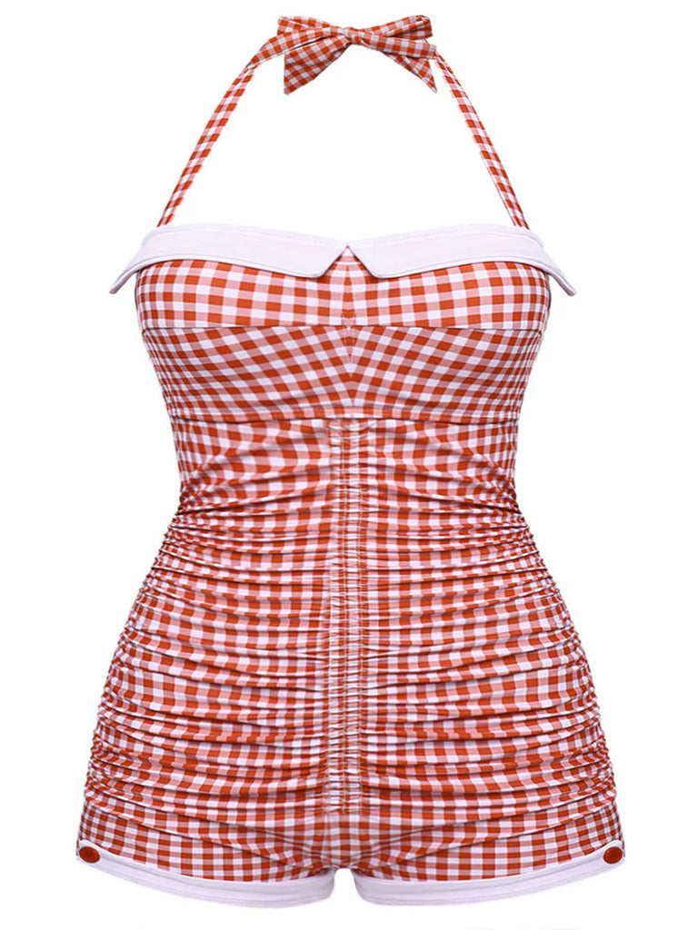 [Grande Taille] Maillot de bain une pièce rouge à carreaux avec nœud papillon