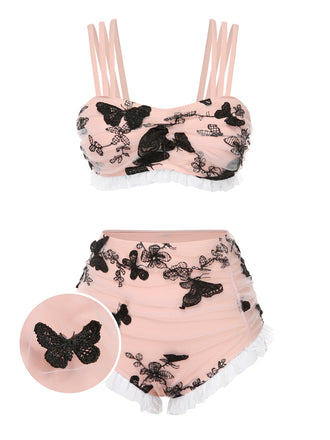 Ensemble bikini beige à bretelles papillon en maille années 1950