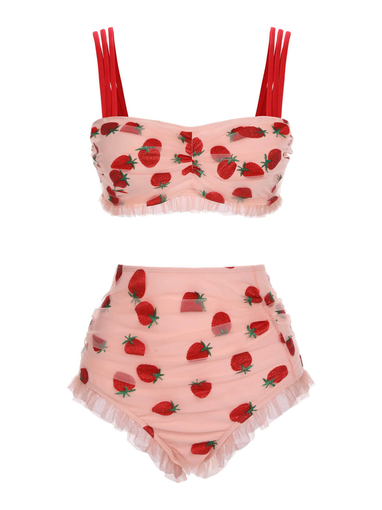 Ensemble bikini beige à bretelles papillon en maille années 1950