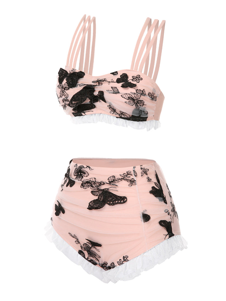 Ensemble bikini beige à bretelles papillon en maille années 1950