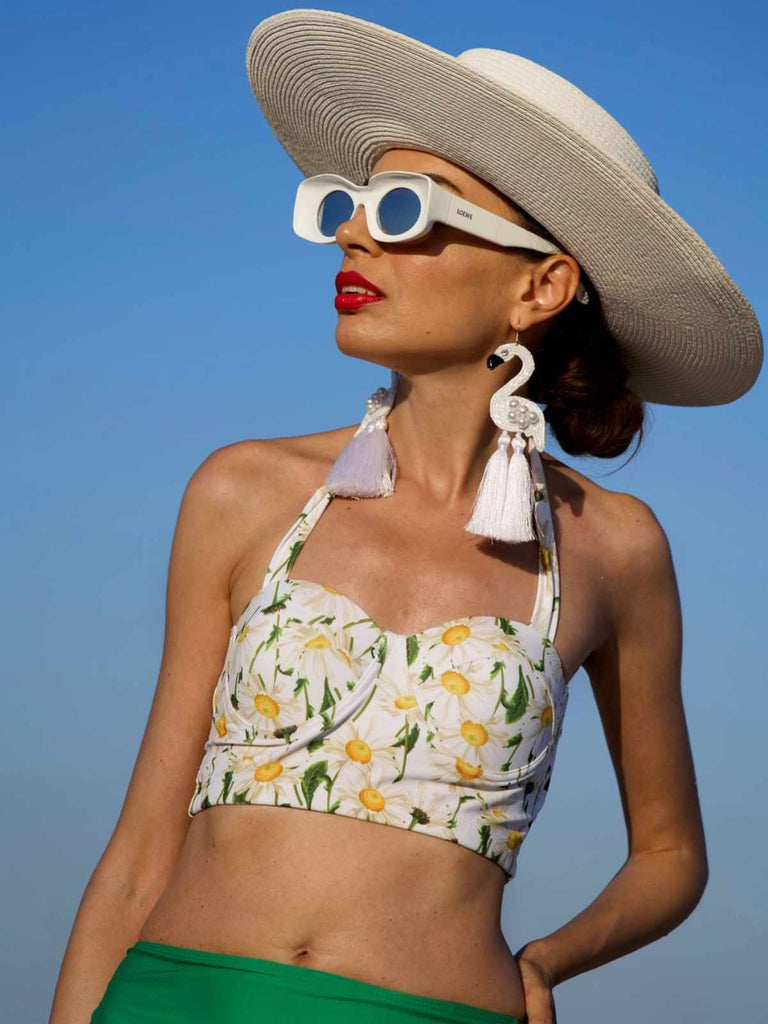 Maillot de bain à Lacets et Licou à Fleurs Marguerites