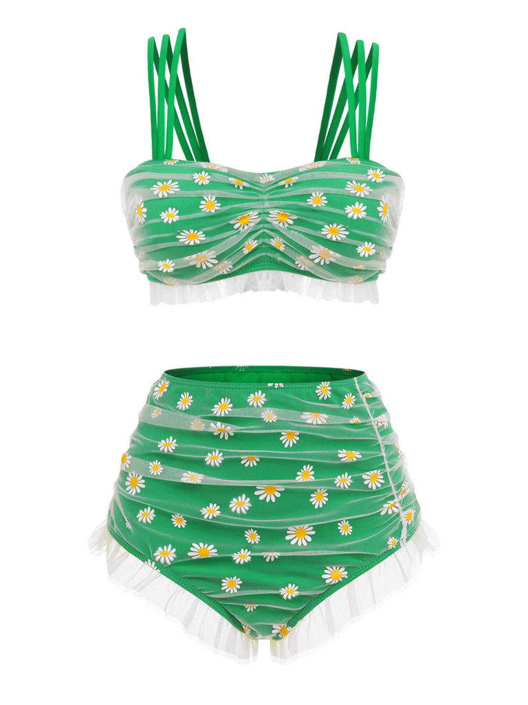Ensemble bikini beige à bretelles papillon en maille années 1950