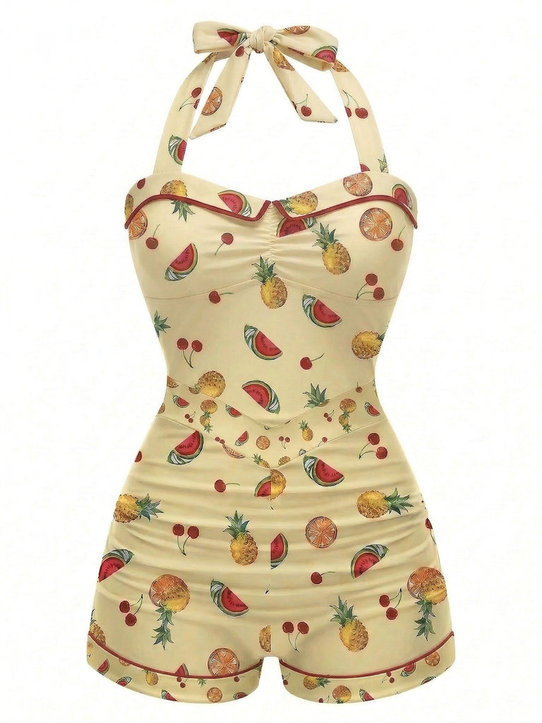 Maillot de bain une pièce jaune à dos nu et motif fruits années 1950