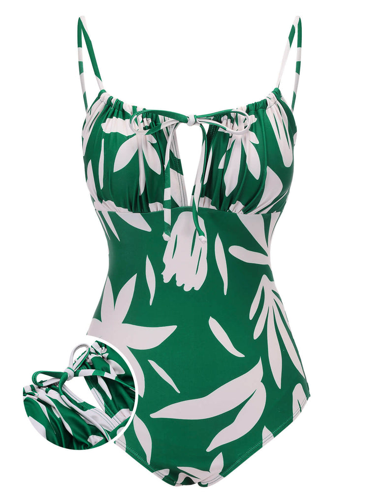 Maillot de bain à bretelles à lacets Feuille verte des années 1960