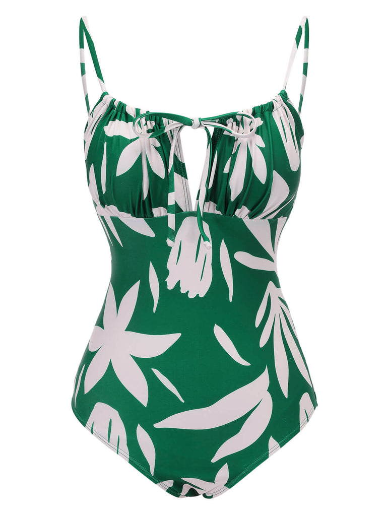 Maillot de bain à bretelles à lacets Feuille verte des années 1960