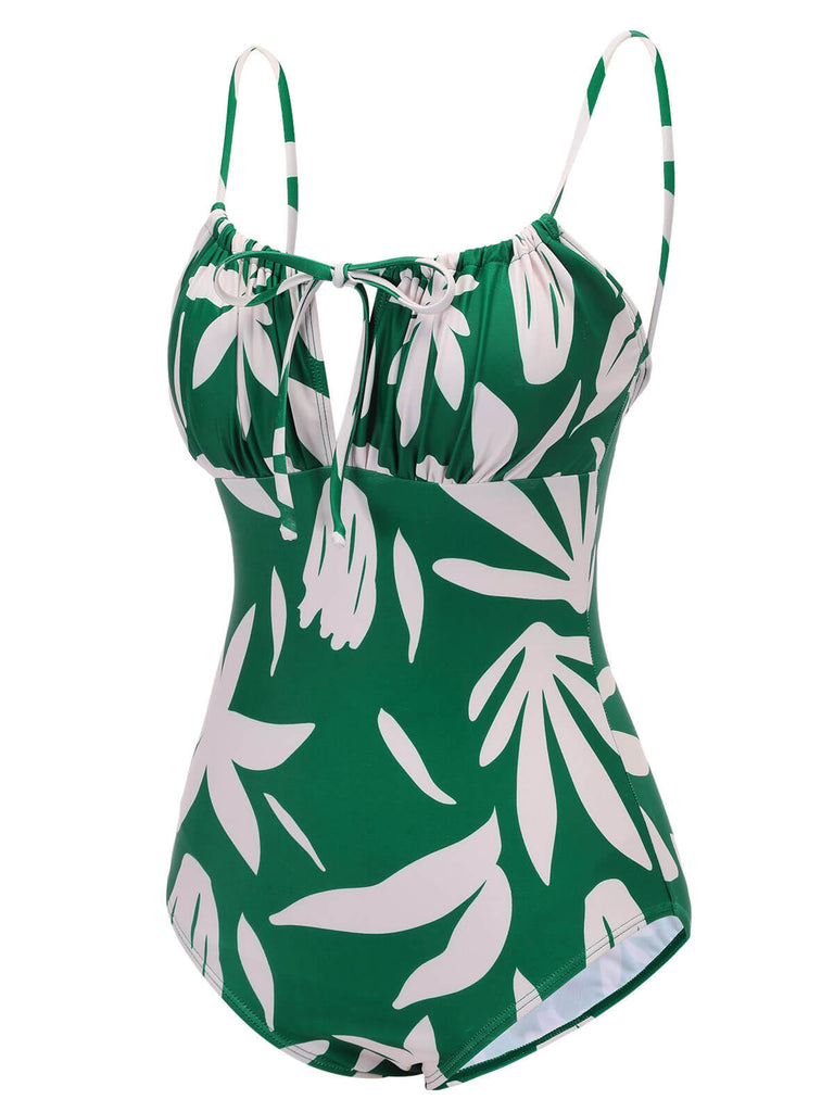 Maillot de bain à bretelles à lacets Feuille verte des années 1960
