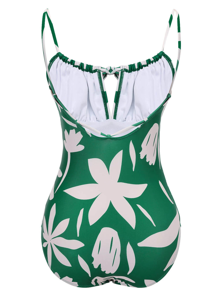 Maillot de bain à bretelles à lacets Feuille verte des années 1960
