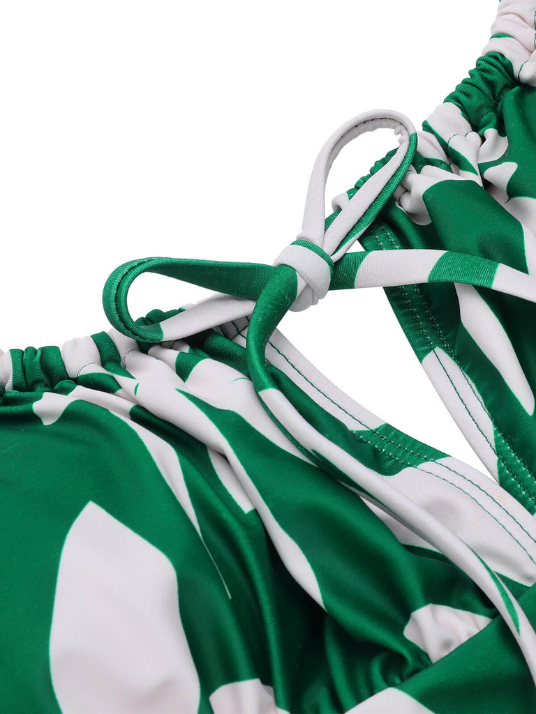 Maillot de bain à bretelles à lacets Feuille verte des années 1960