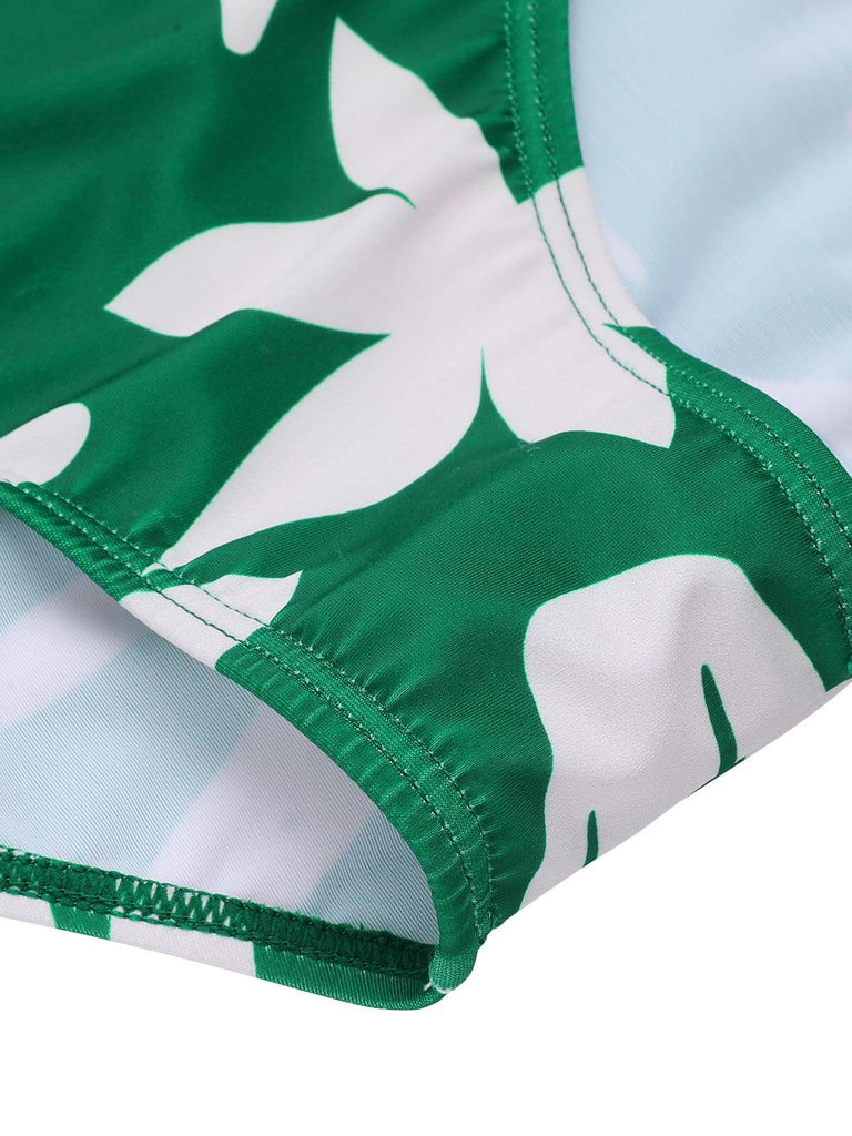 Maillot de bain à bretelles à lacets Feuille verte des années 1960