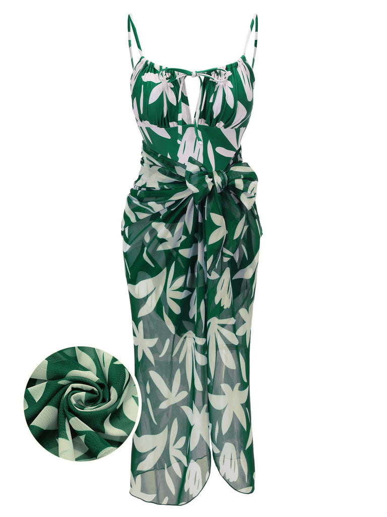Maillot de bain à bretelles à lacets Feuille verte des années 1960