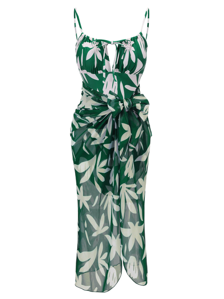 Maillot de bain à bretelles à lacets Feuille verte des années 1960