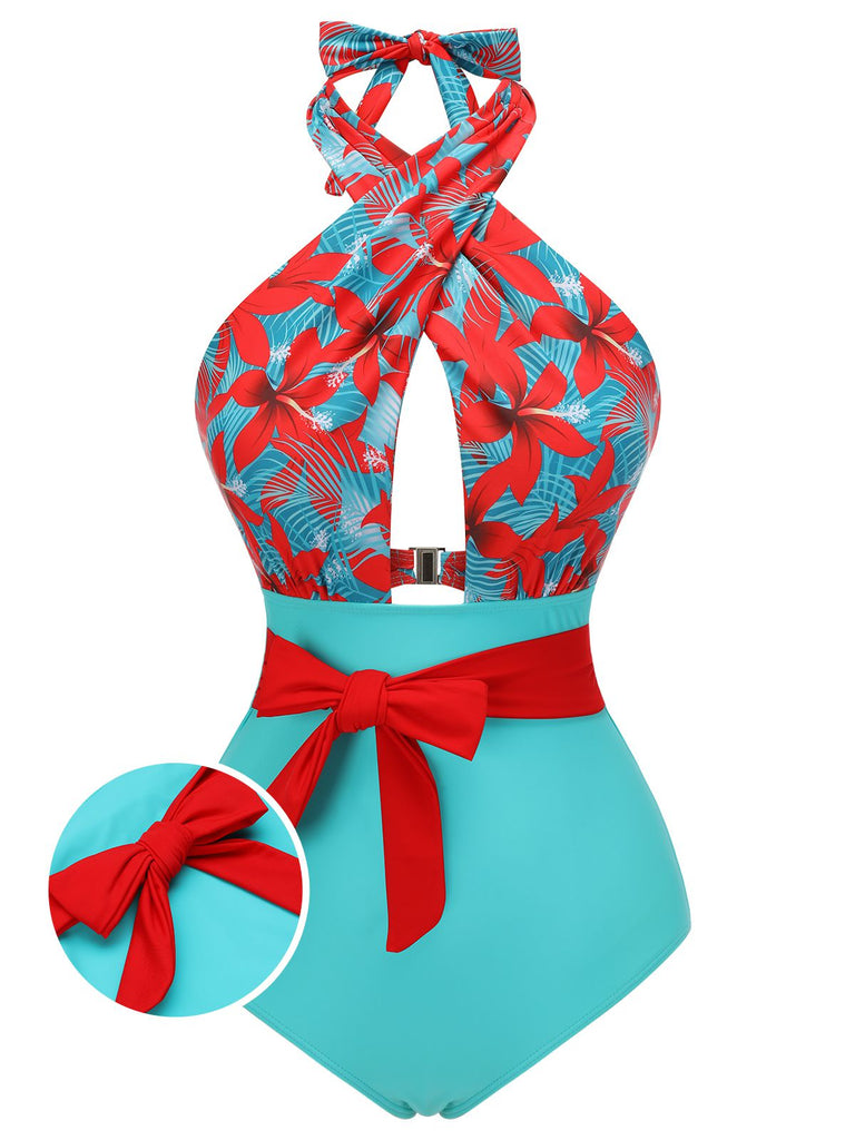 Maillot de bain fleuri orange à bretelles croisées nœud papillon années 1950